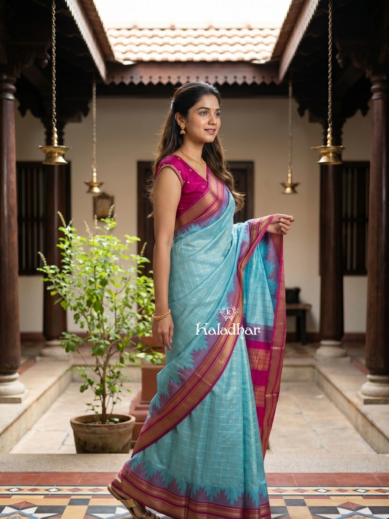 Narayanpet pattu saree allover zari checks and zari border with contrast pallu and blouse