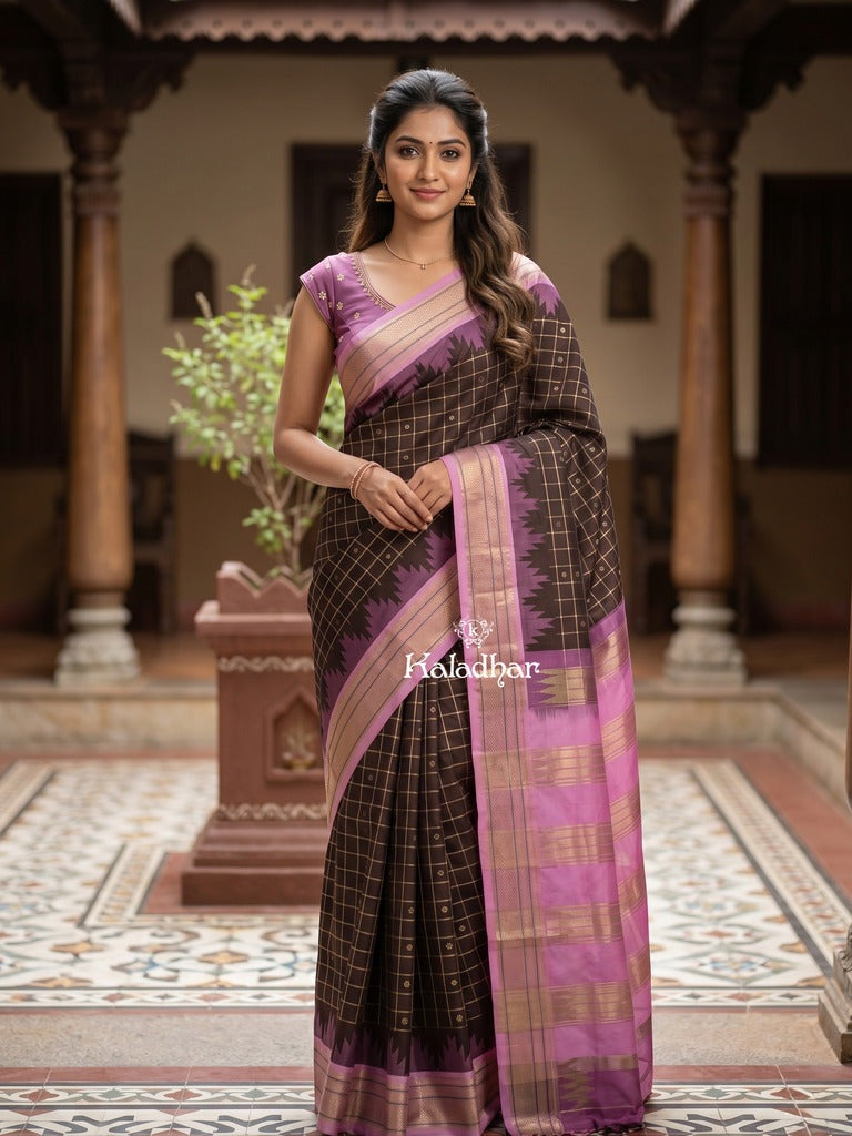 Narayanpet pattu saree allover zari checks and zari border with contrast pallu and blouse