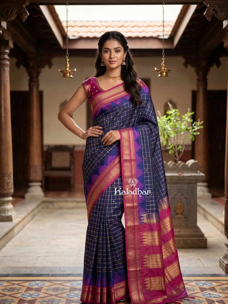 Narayanpet pattu saree allover zari checks and zari border with contrast pallu and blouse