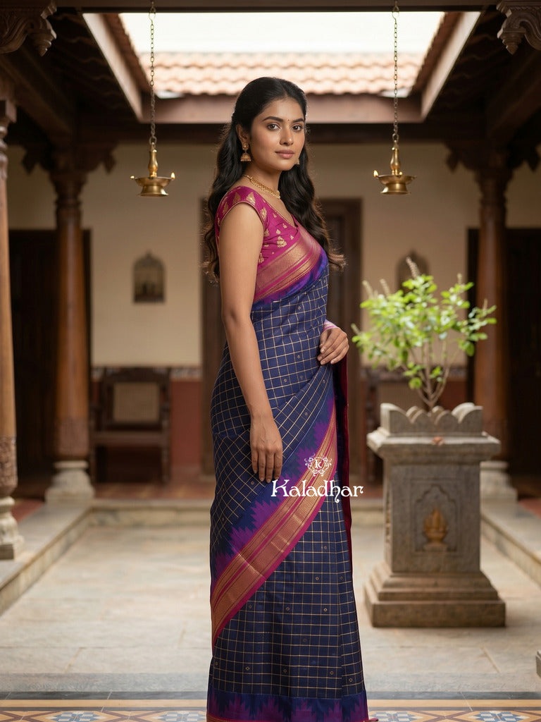 Narayanpet pattu saree allover zari checks and zari border with contrast pallu and blouse