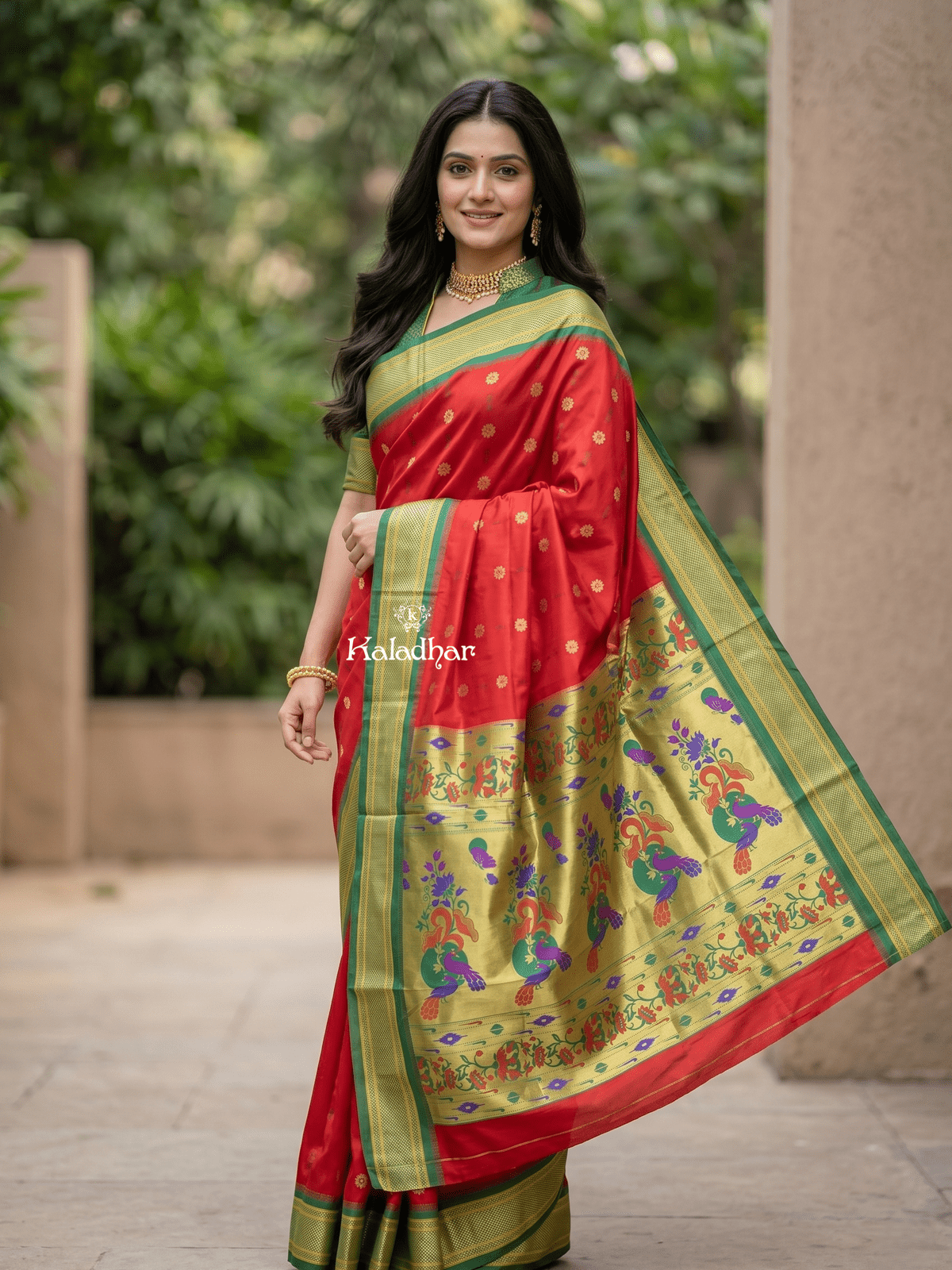 Narayanpet pattu saree allover zari motifs with paithani pallu and contrast blouse