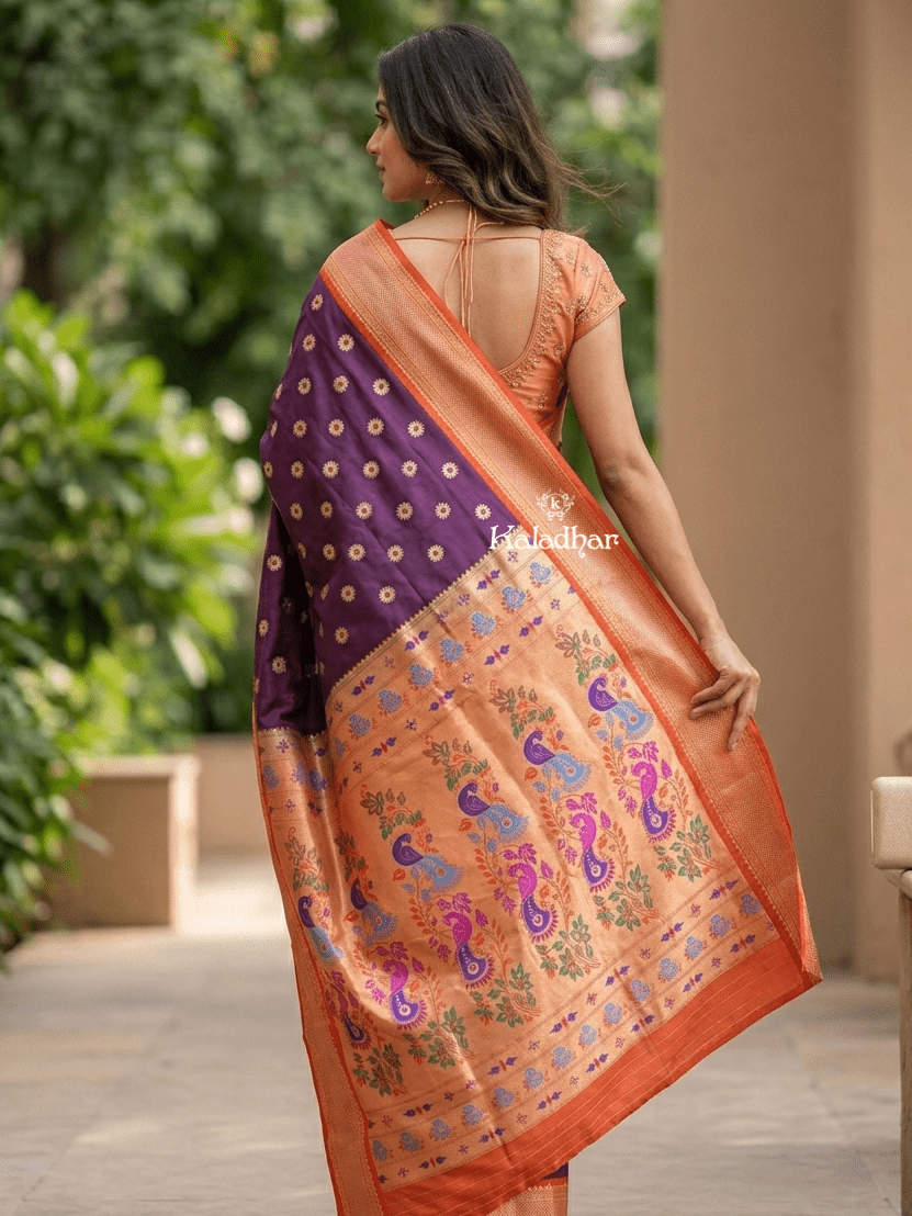 Narayanpet pattu saree allover zari motifs with paithani pallu and contrast blouse