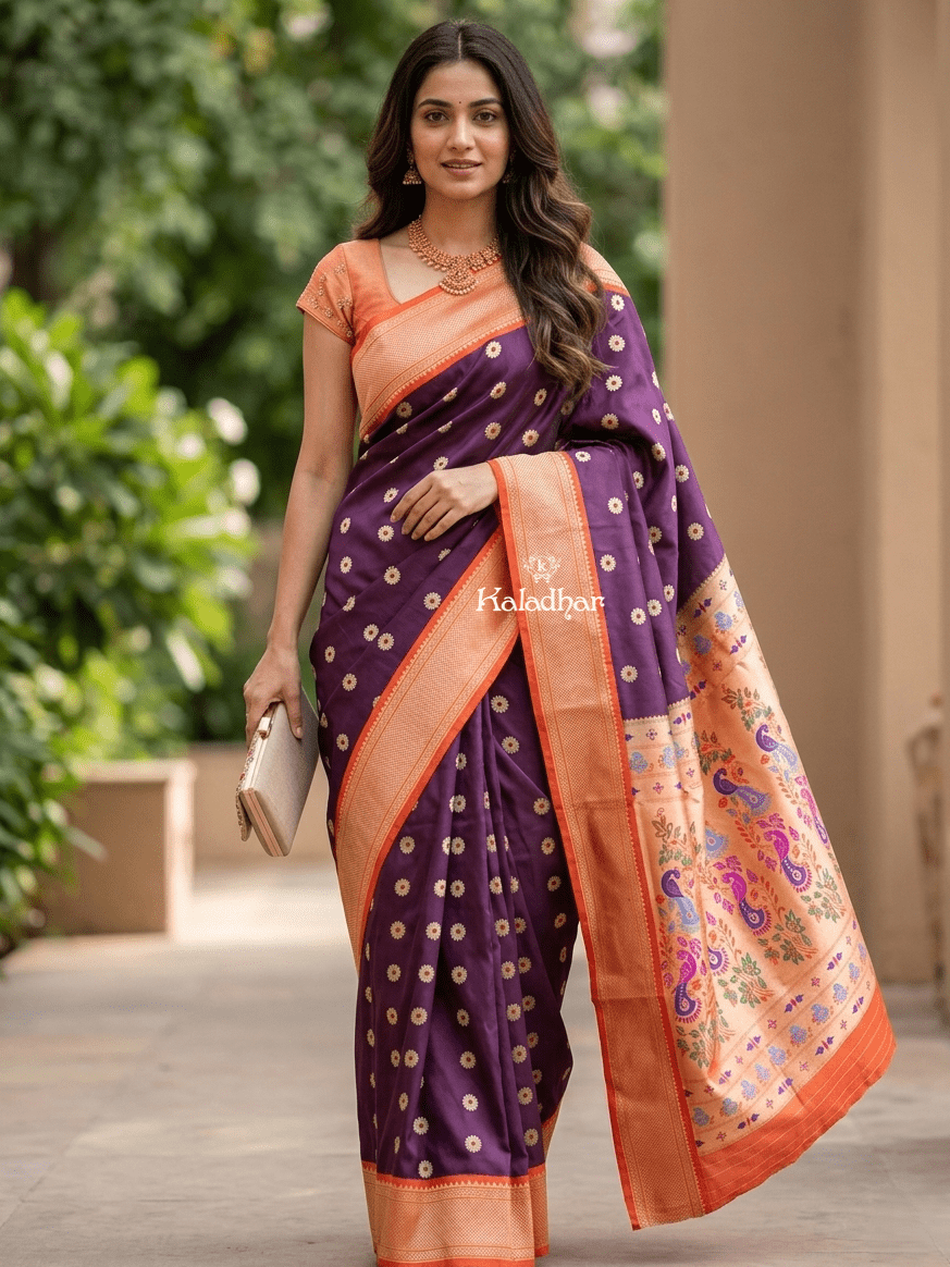 Narayanpet pattu saree allover zari motifs with paithani pallu and contrast blouse