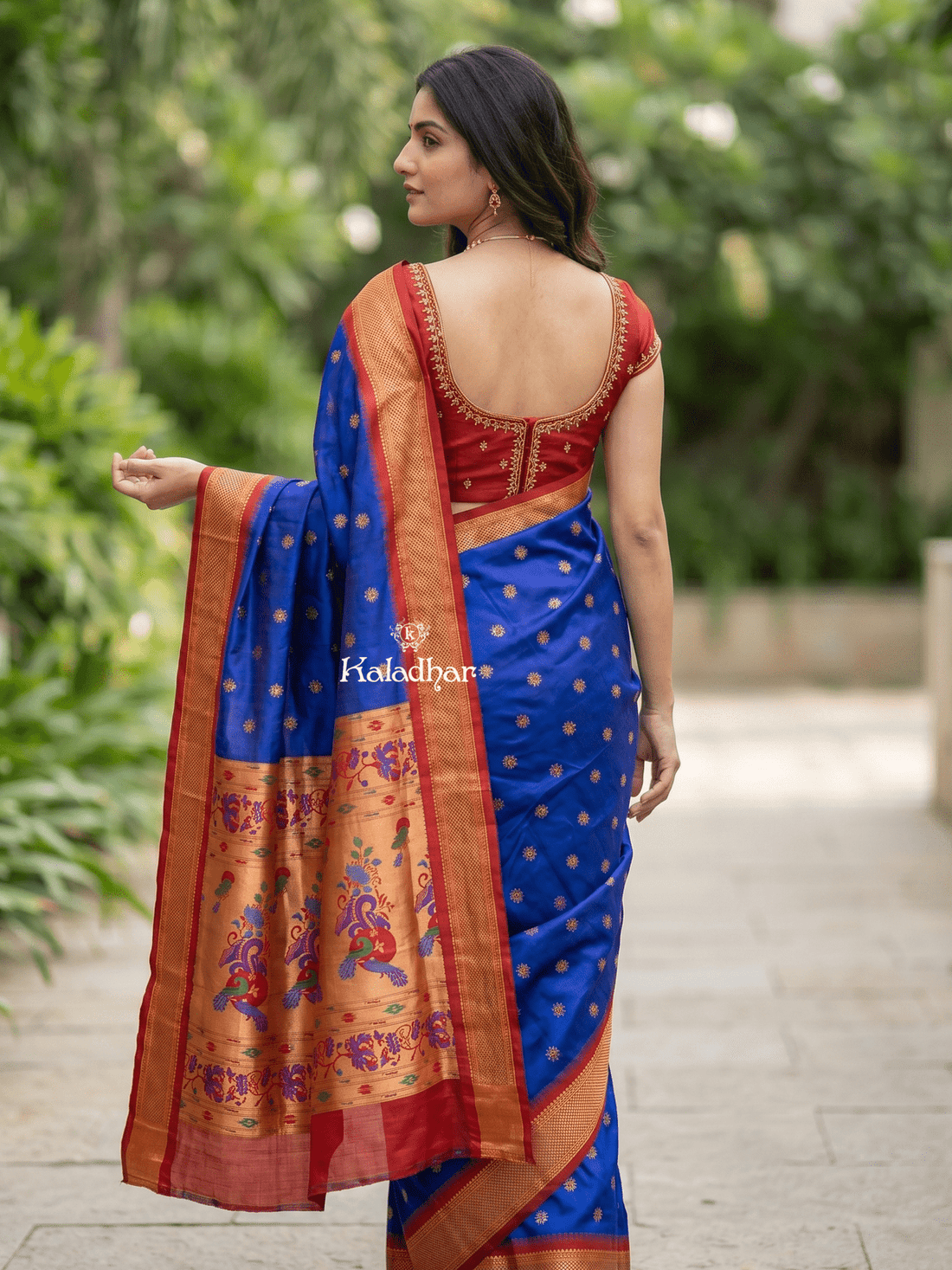 Narayanpet pattu saree allover zari motifs with paithani pallu and contrast blouse