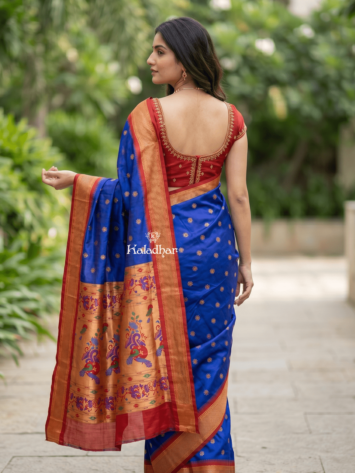 Narayanpet pattu saree allover zari motifs with paithani pallu and contrast blouse