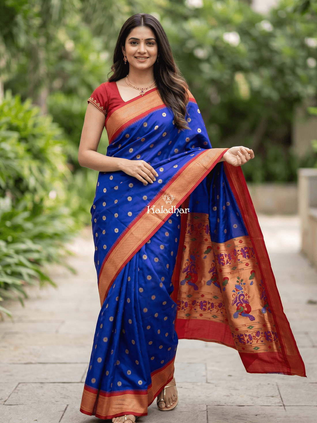 Narayanpet pattu saree allover zari motifs with paithani pallu and contrast blouse