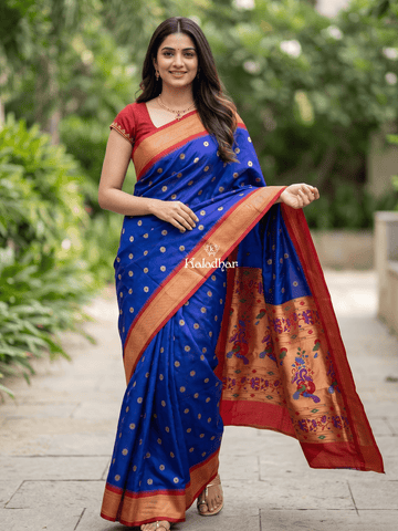 Narayanpet pattu saree allover zari motifs with paithani pallu and contrast blouse