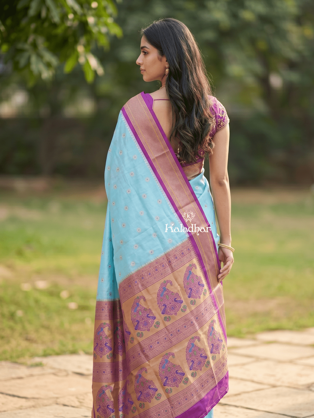 Narayanpet pattu saree allover zari motifs with paithani pallu and contrast blouse