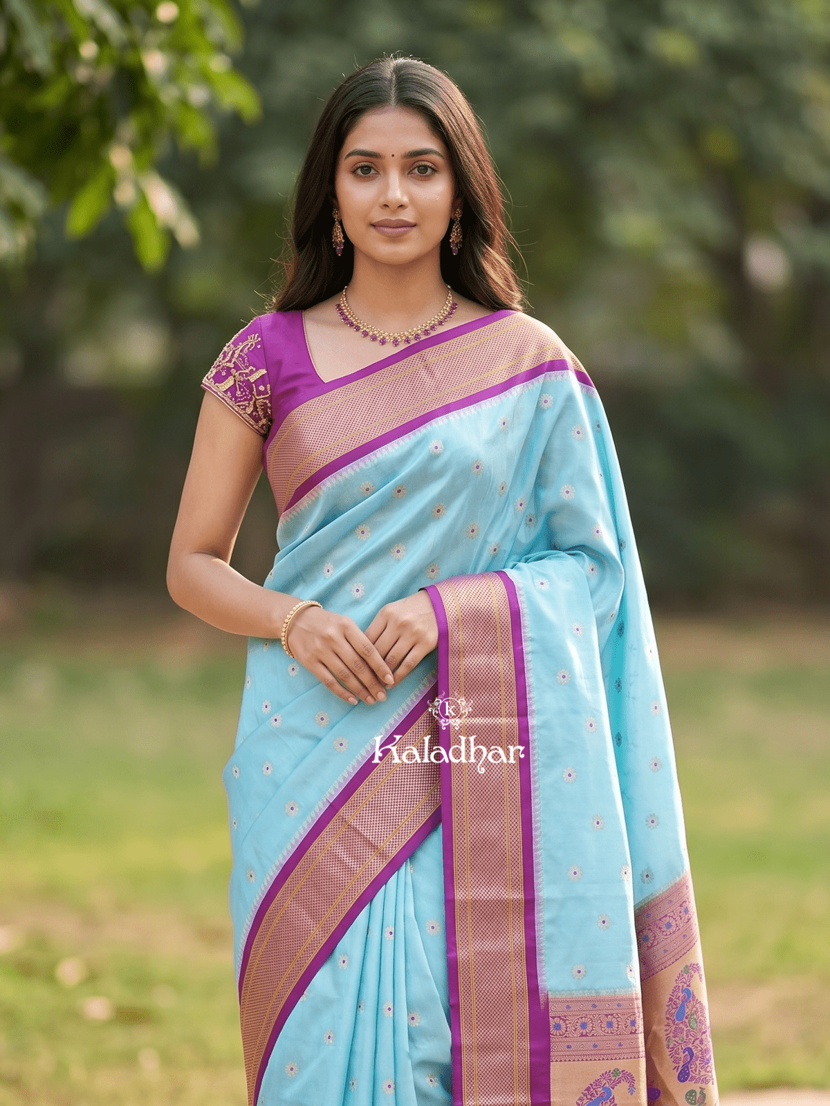 Narayanpet pattu saree allover zari motifs with paithani pallu and contrast blouse