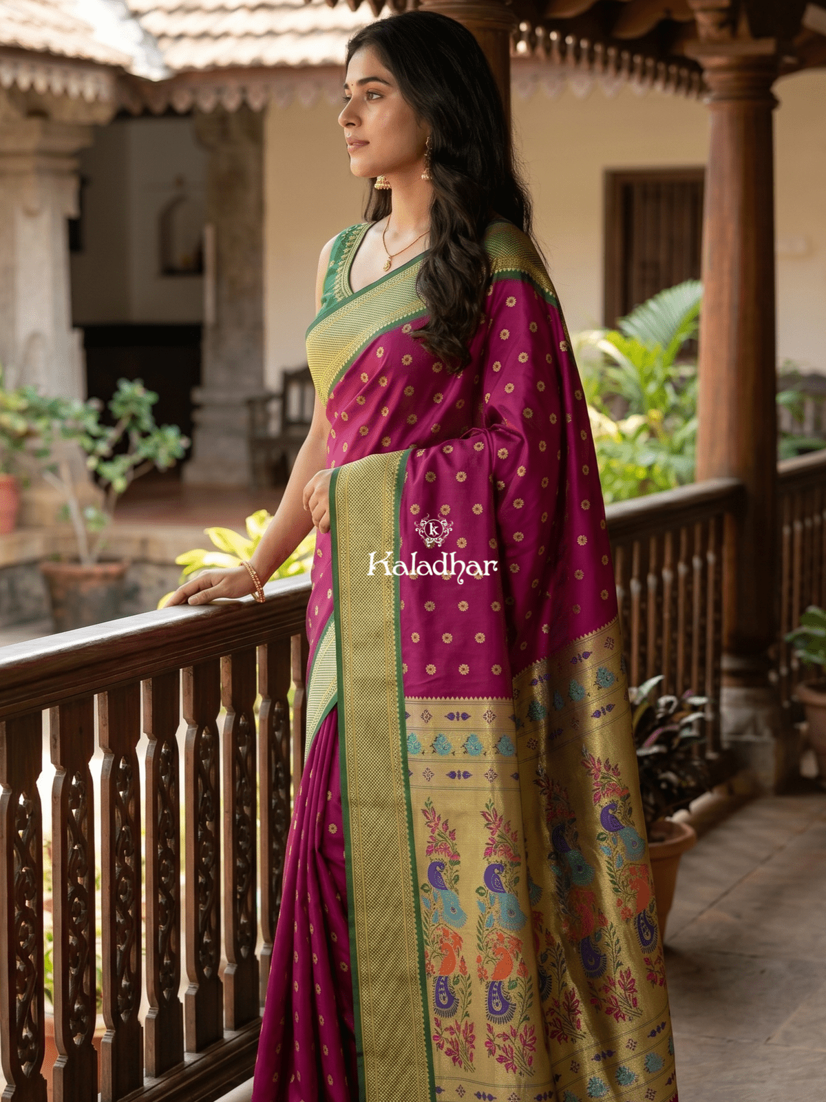 Narayanpet pattu saree allover zari motifs with paithani pallu and contrast blouse
