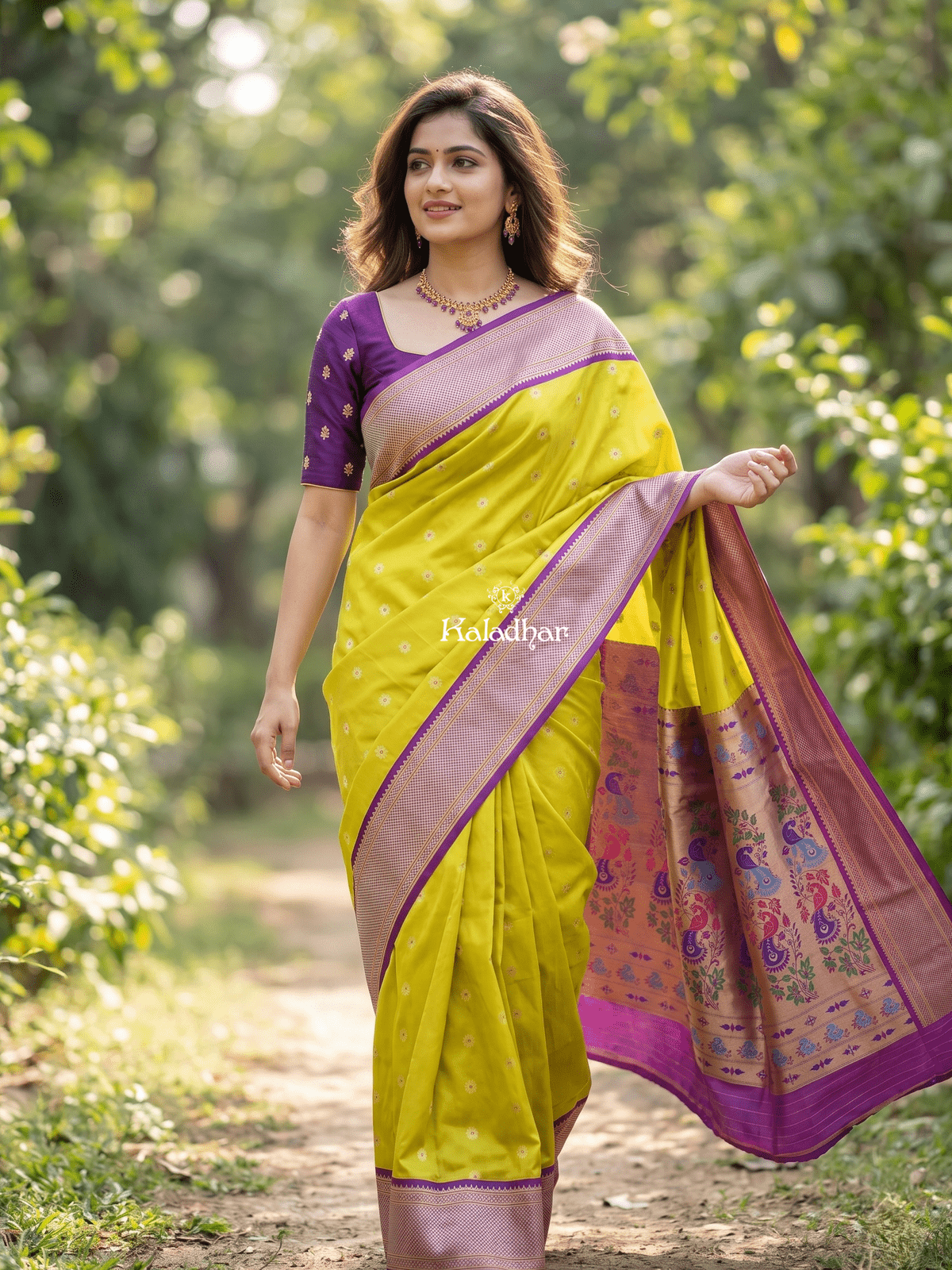 Narayanpet pattu saree allover zari motifs with paithani pallu and contrast blouse