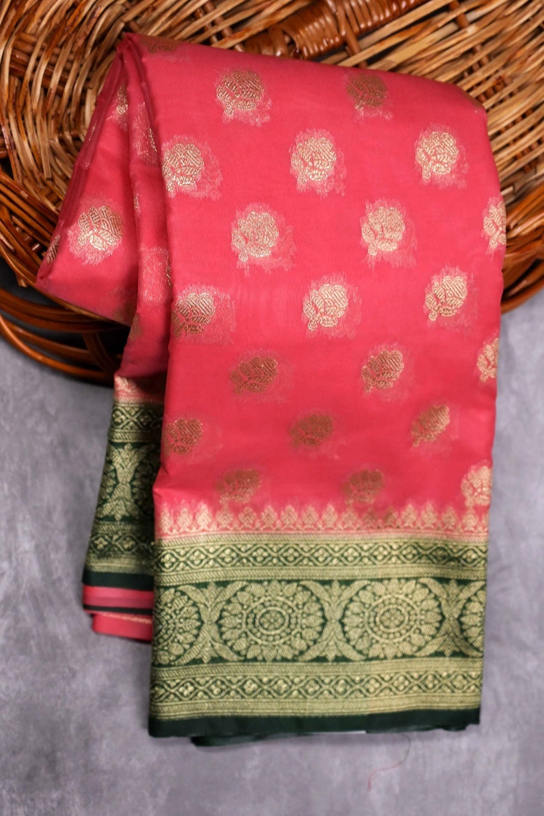 Banaras silk saree light pink and green with golden motives, zari border and plain blouse