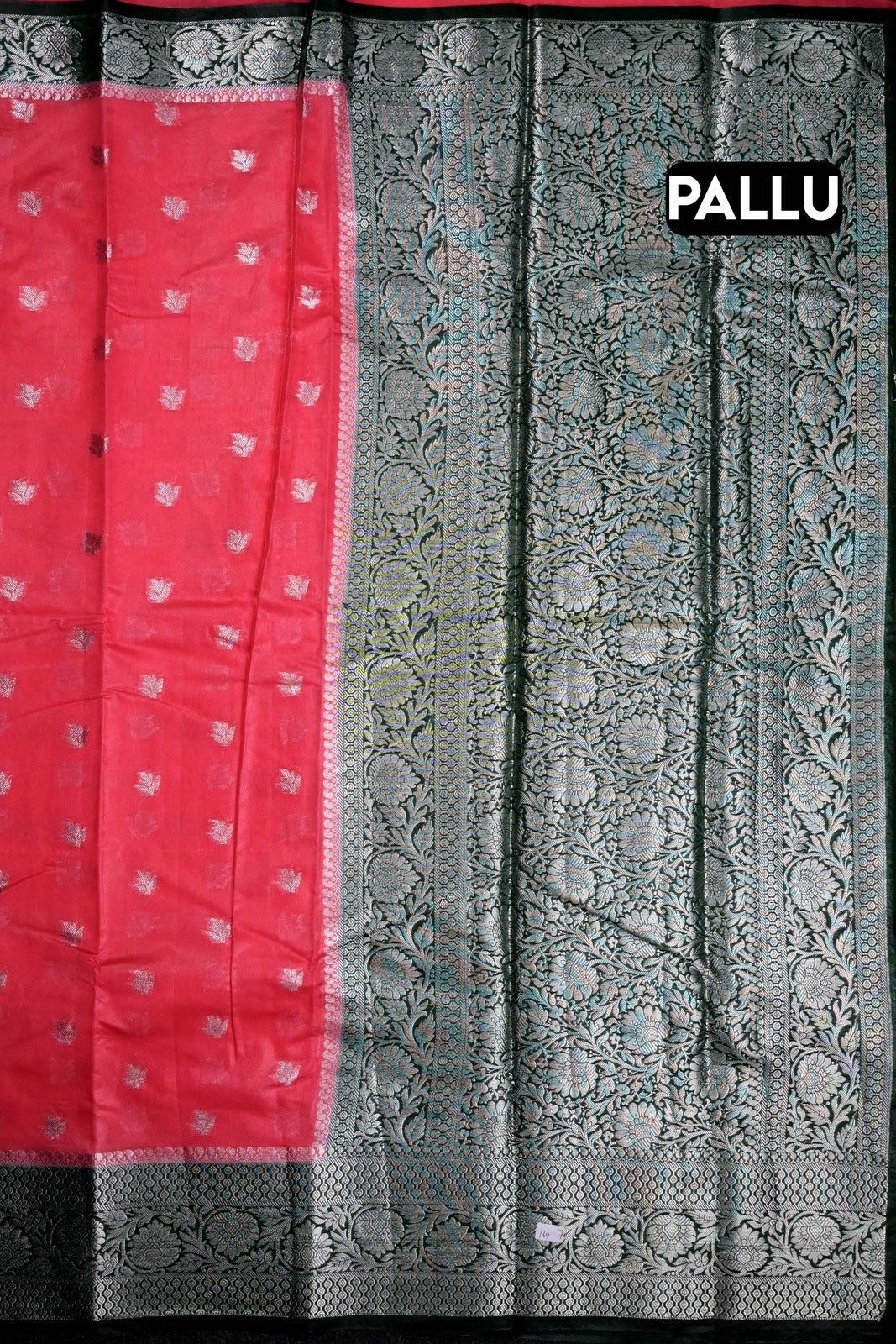 Kora fancy saree peach and green with silver zari motives, kaddi border and plain blouse