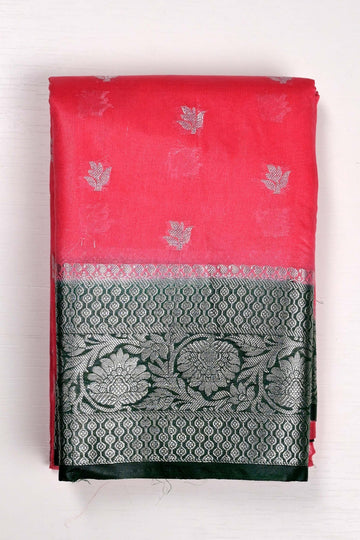 Kora fancy saree peach and green with silver zari motives, kaddi border and plain blouse