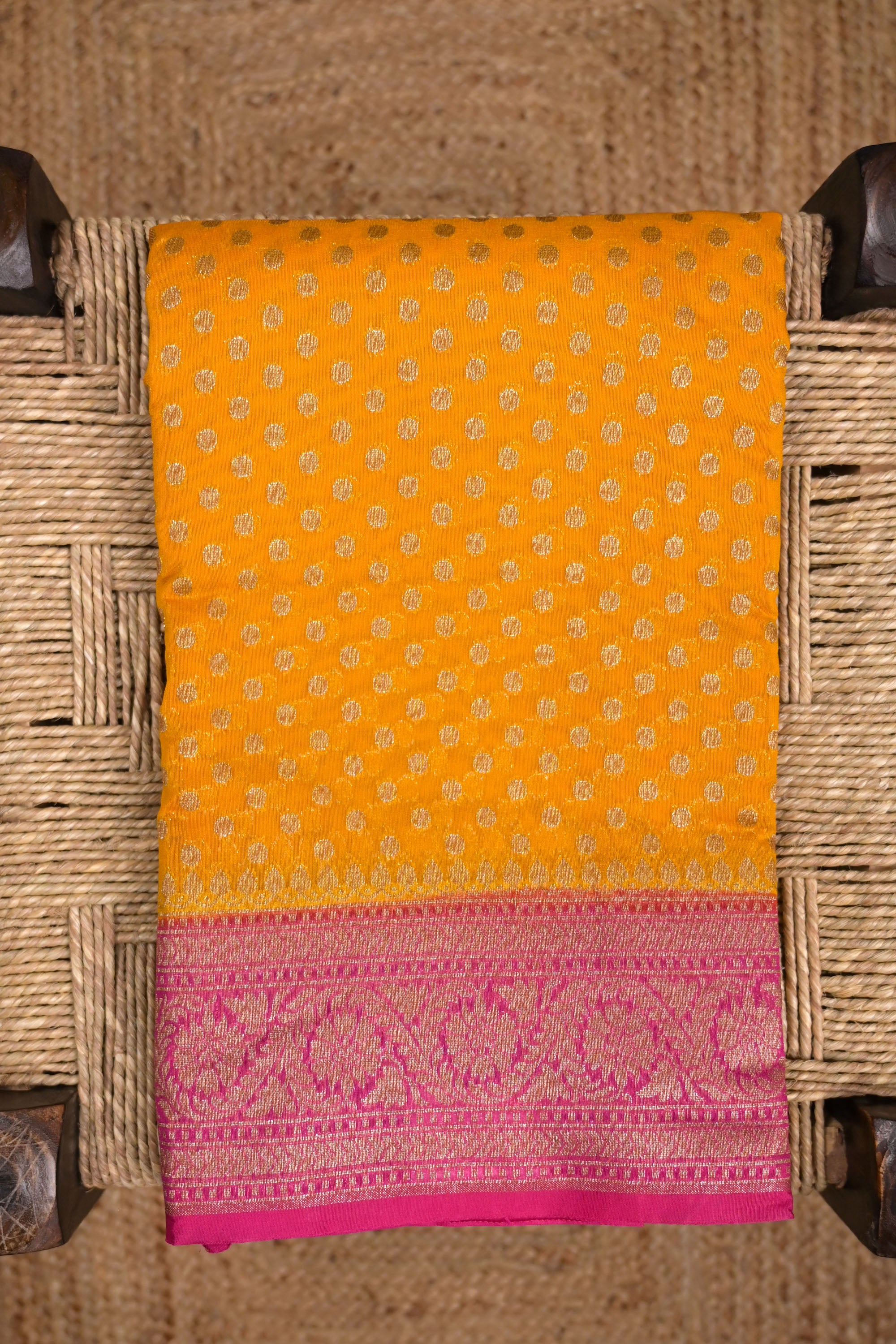 Banaras kora saree yellow and pink with allover zari dollar motives, kaddi border and plain blouse
