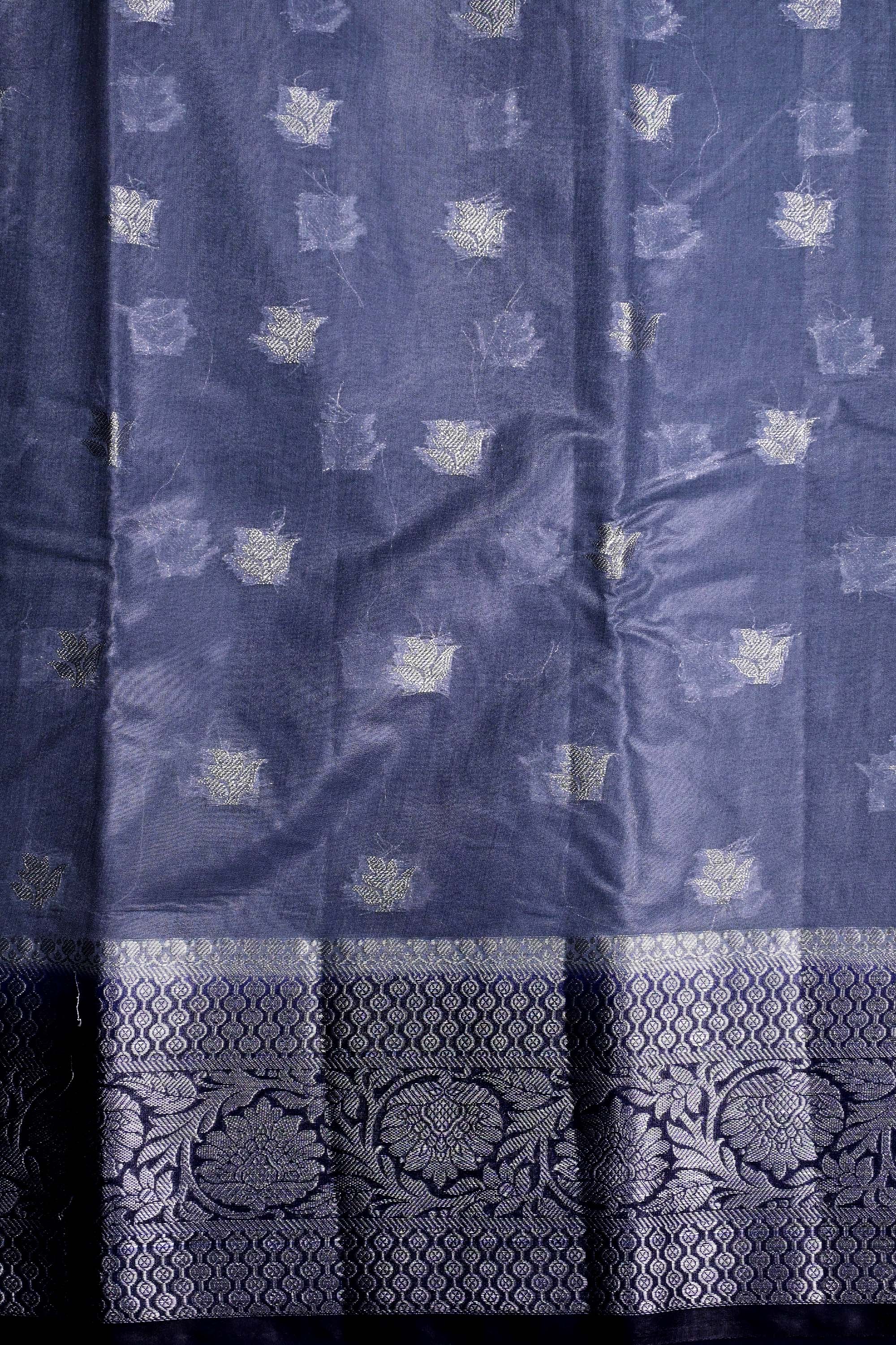 Kora fancy saree grey and blue with silver zari motives, kaddi border and plain blouse