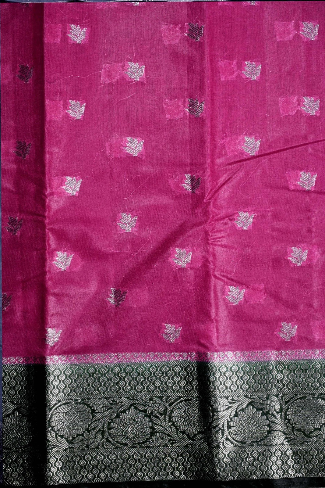 Kora fancy saree pink and green with silver zari motives, kaddi border and plain blouse