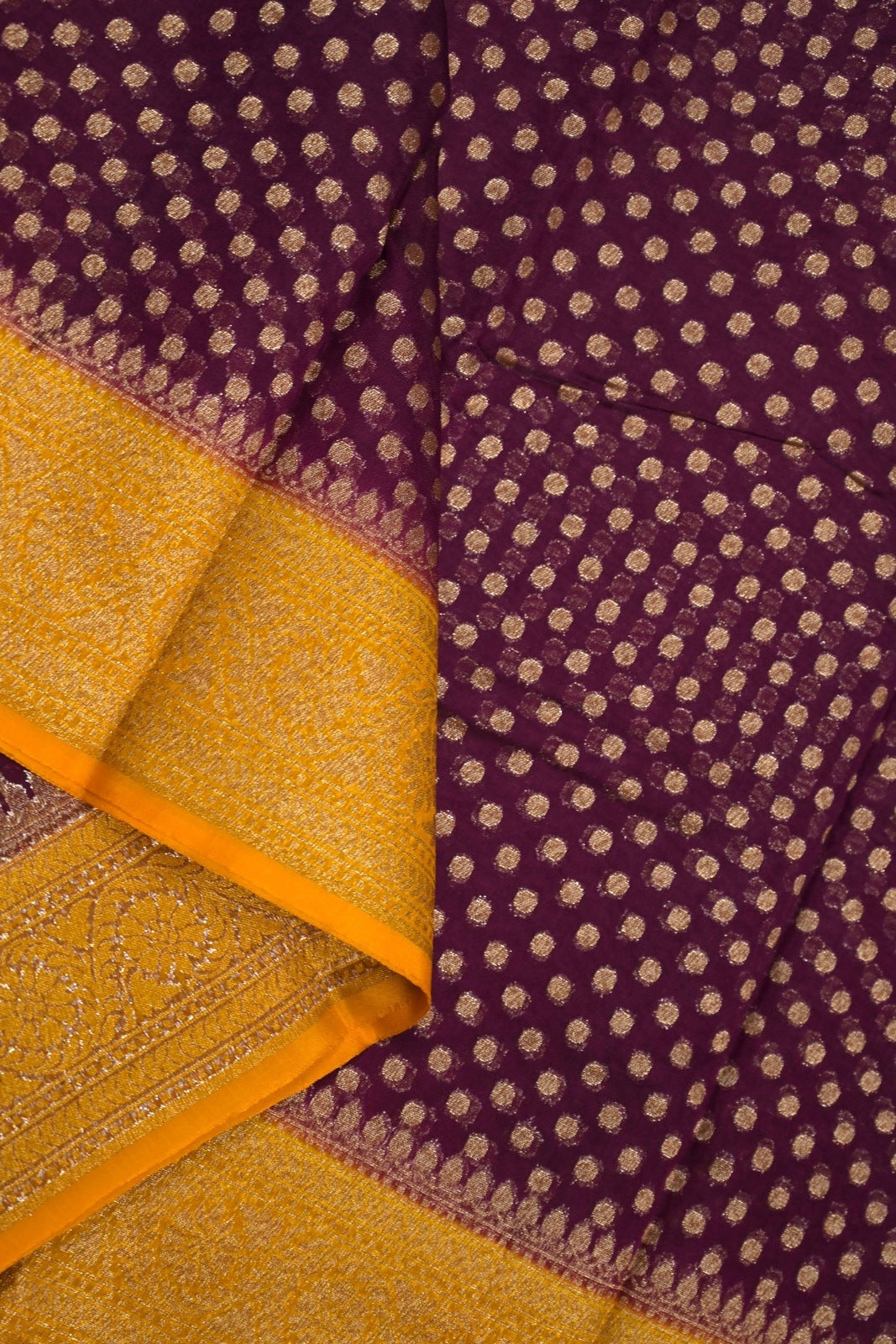 Banaras kora saree wine colour and mustuard yellow with allover zari dollar motives, kaddi border and plain blouse