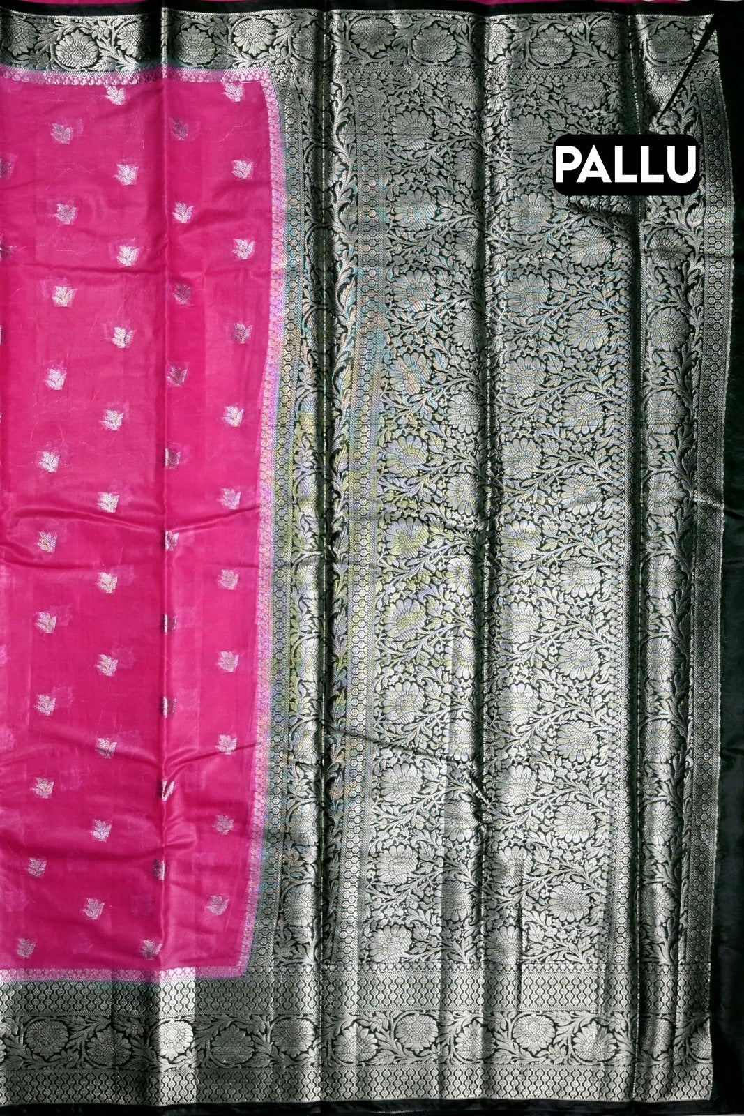 Kora fancy saree pink and green with silver zari motives, kaddi border and plain blouse