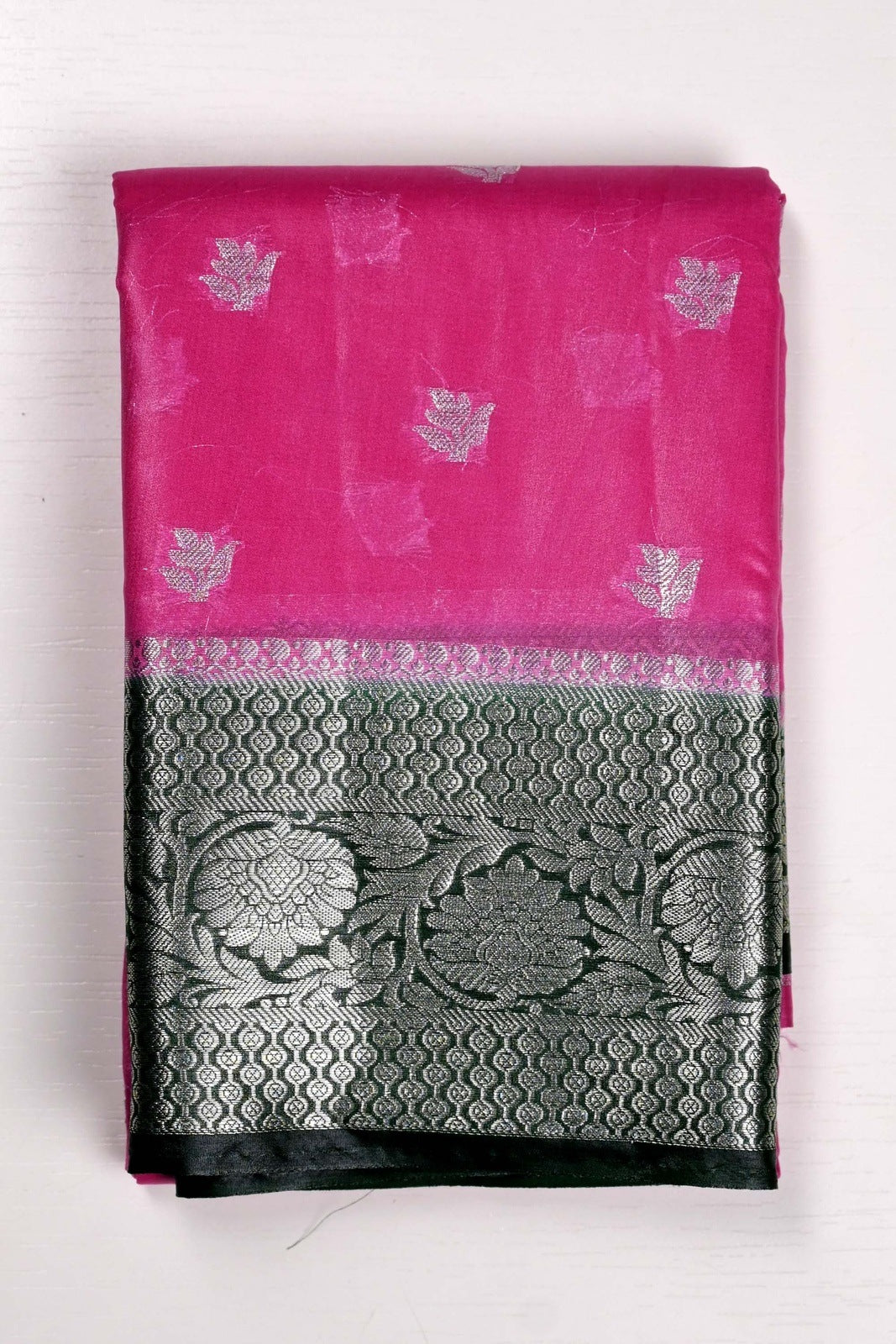 Kora fancy saree pink and green with silver zari motives, kaddi border and plain blouse